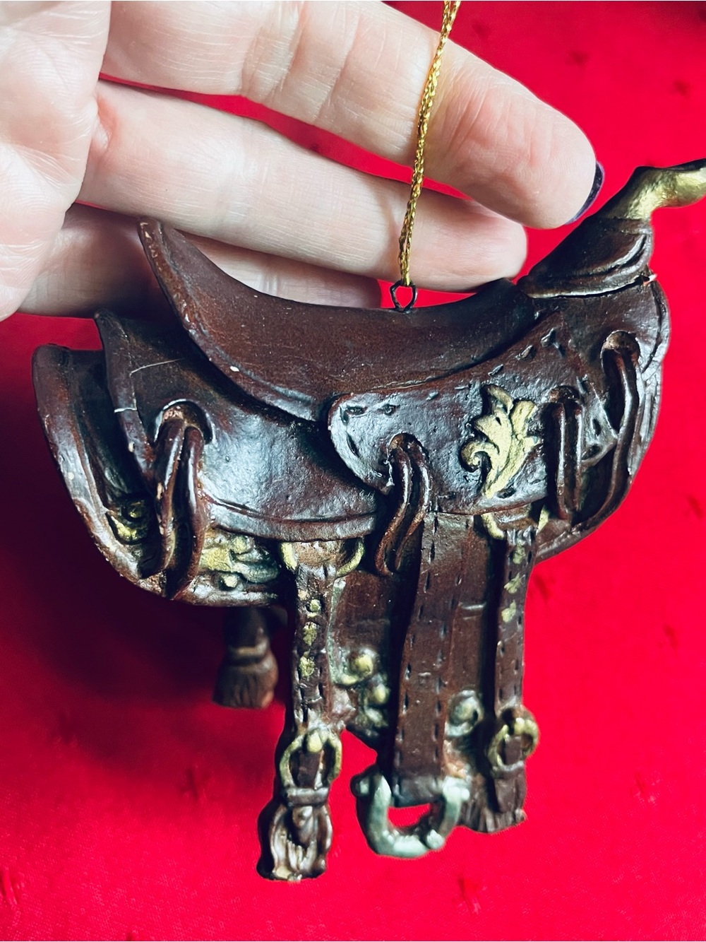 Rare Vintage Miniature Western Saddle Ornament - Brown with Gold Accents